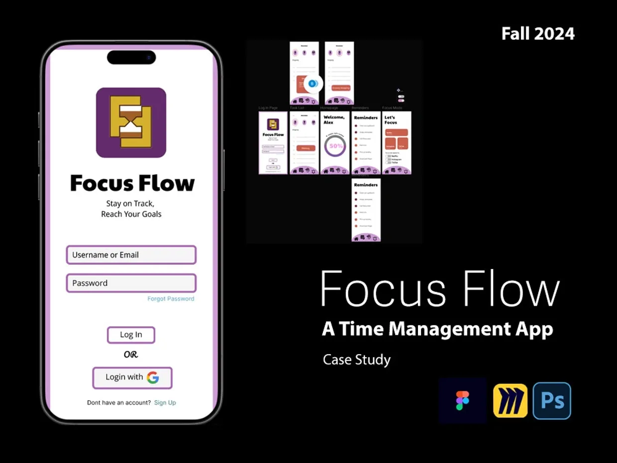 Focus Flow mobile app interface and presentation overview