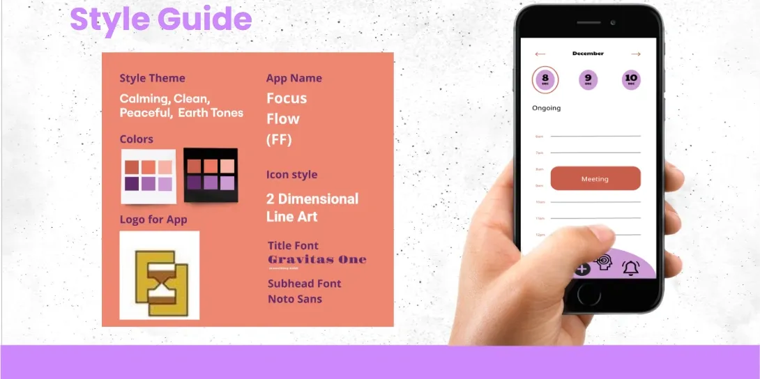 Focus Flow style guide with color palette, typography, logo, and mobile interface
